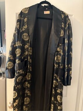 Black Satin-Trim Robe with Gold Dragon Motif